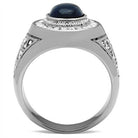 Stylish stainless steel mens jewelry ring with a blue stone and intricate design details