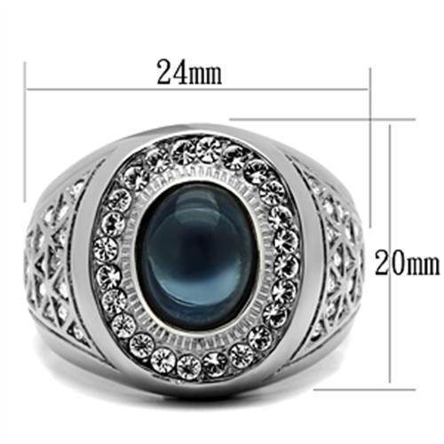 Stainless steel mens jewelry ring with blue gemstone center and crystal accents for stylish elegance