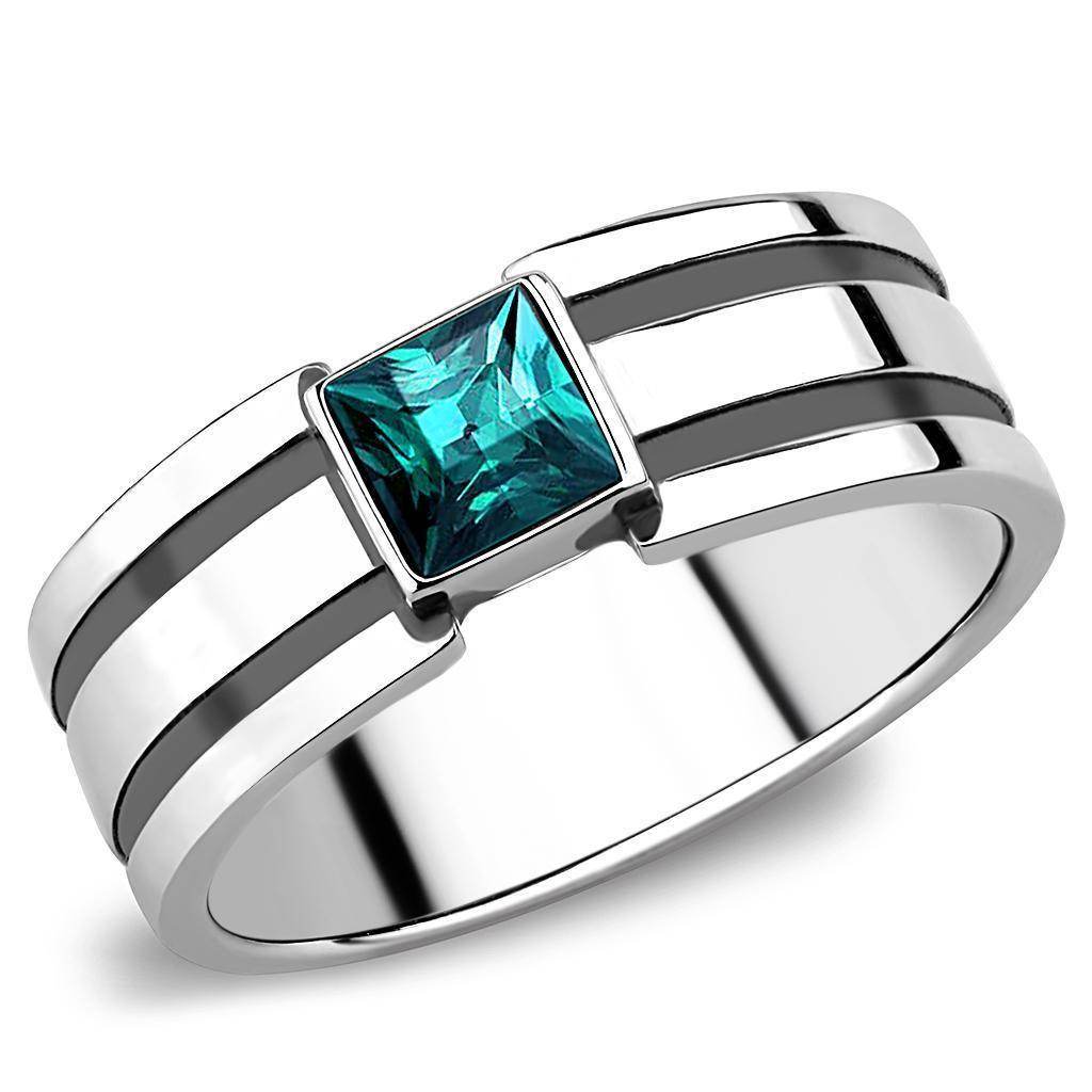Stylish stainless steel mens jewelry ring featuring a turquoise square gemstone and sleek design