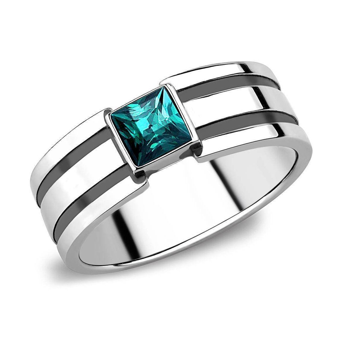 Stylish stainless steel mens jewelry ring featuring a turquoise square gemstone and sleek design