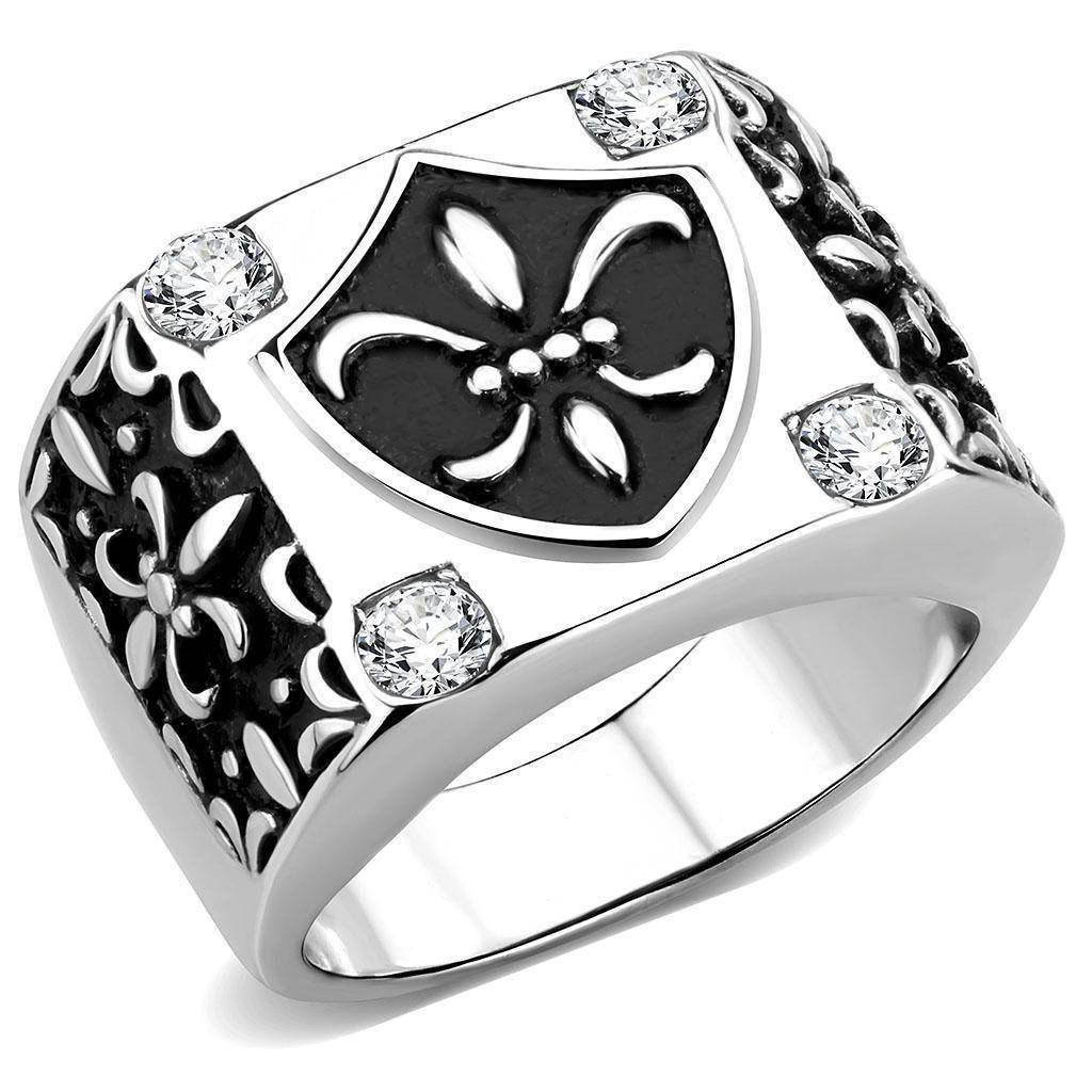 Men's stainless steel mens ring with floral design and sparkling accents for stylish accessories