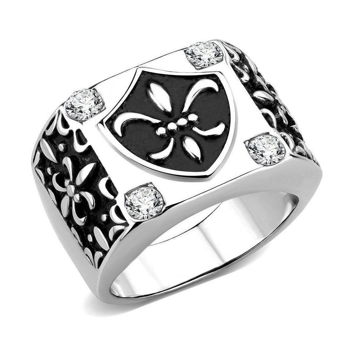 Men's stainless steel mens ring with floral design and sparkling accents for stylish accessories