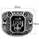 Stainless steel Navy ring featuring USN emblem and detailed design with courage and devotion inscriptions