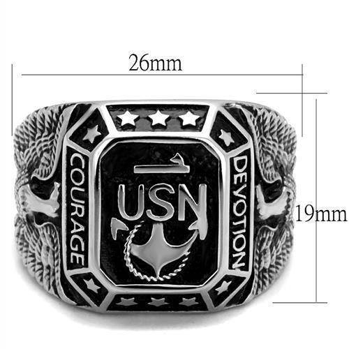 Stainless steel Navy ring featuring USN emblem and detailed design with courage and devotion inscriptions