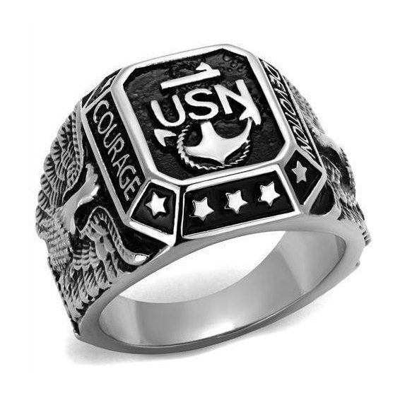 Stainless steel Navy ring with USN emblem featuring stars and intricate detailing for military pride