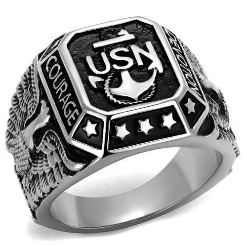 Stainless steel Navy ring with USN emblem featuring stars and intricate detailing for military pride