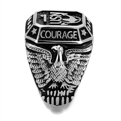 Stainless steel Navy ring featuring an eagle design and the word Courage for military style