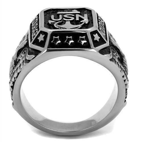 Stainless steel Navy ring featuring USN emblem and detailed anchor design for military enthusiasts