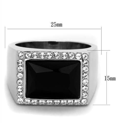 Stainless steel onyx ring with a rectangular black stone and crystal border for a stylish look