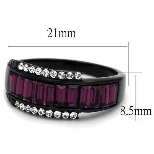 Stainless steel purple ring featuring purple baguette stones and sparkling clear accents