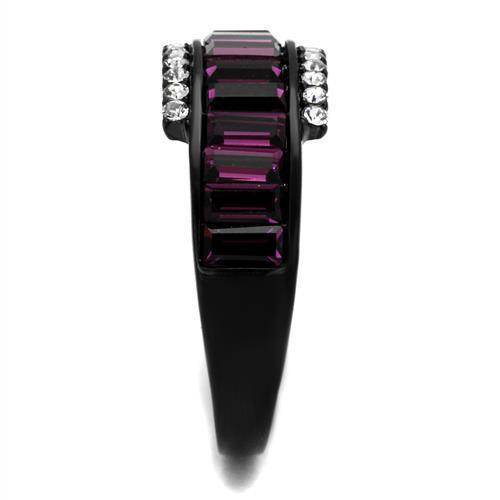 Stainless steel purple ring featuring geometric stones and sparkling accents for elegant style