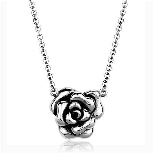 Stainless steel rose necklace with a detailed flower pendant on a silver chain