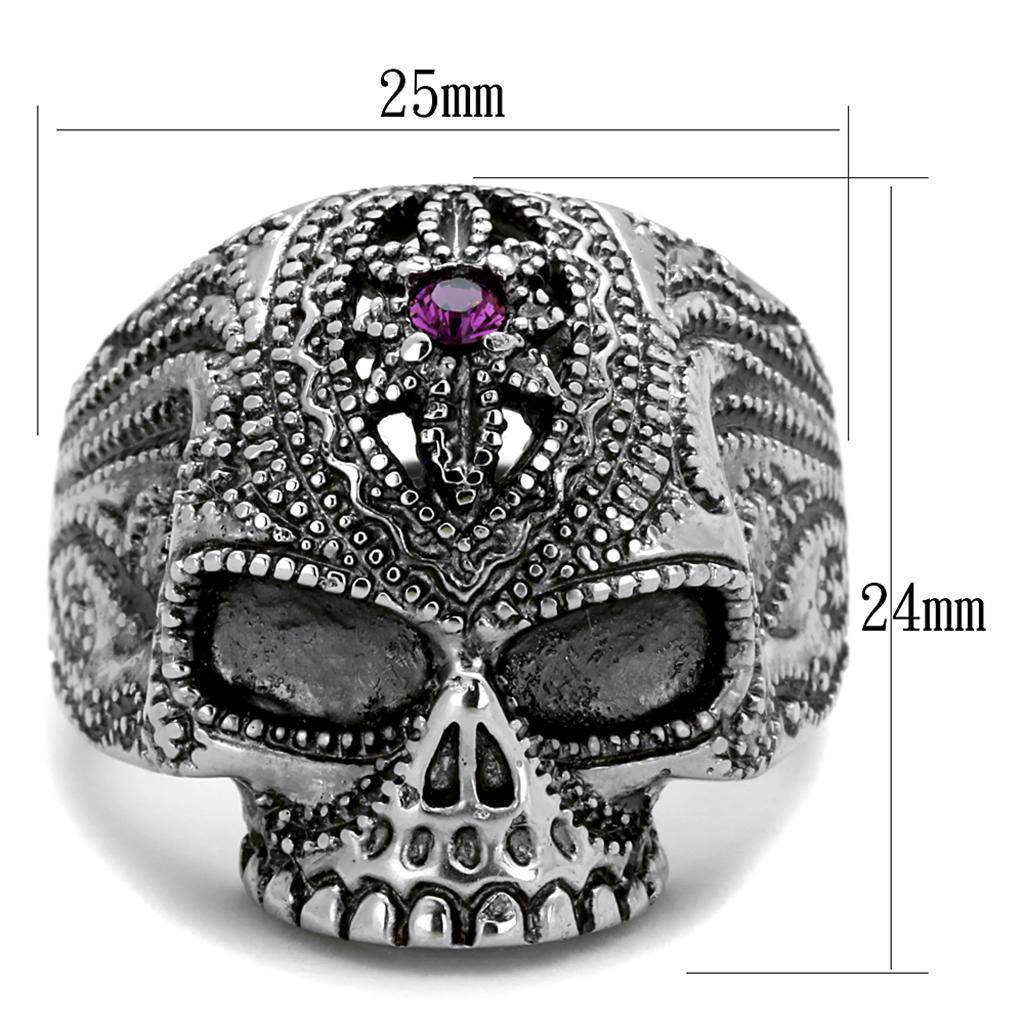 Stainless steel skull jewelry ring with intricate detailing and a purple gemstone accent