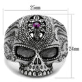 Stainless steel skull jewelry ring with intricate detailing and a purple gemstone accent