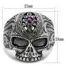 Stainless steel skull jewelry ring with intricate detailing and a purple gemstone accent