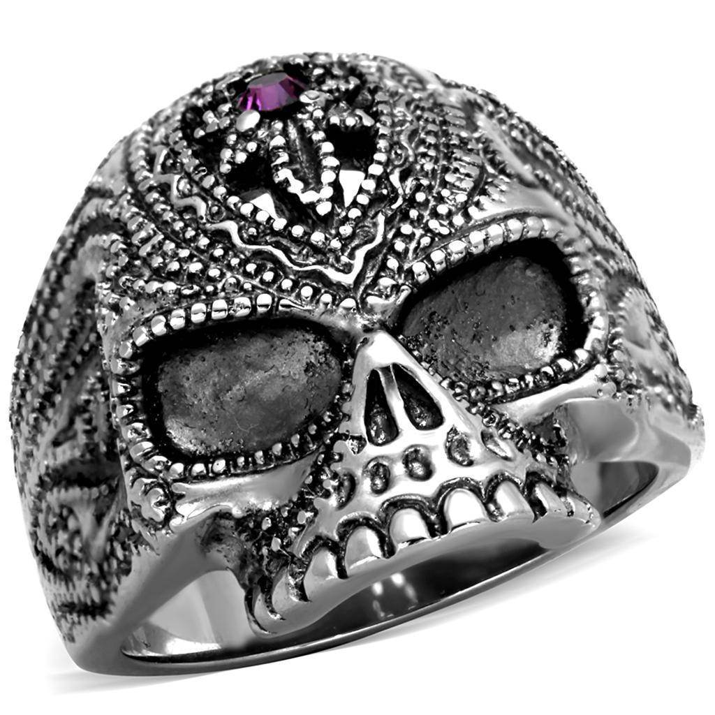 VacationGrabs stainless steel skull jewelry men's ring featuring a detailed skull design and purple gemstone