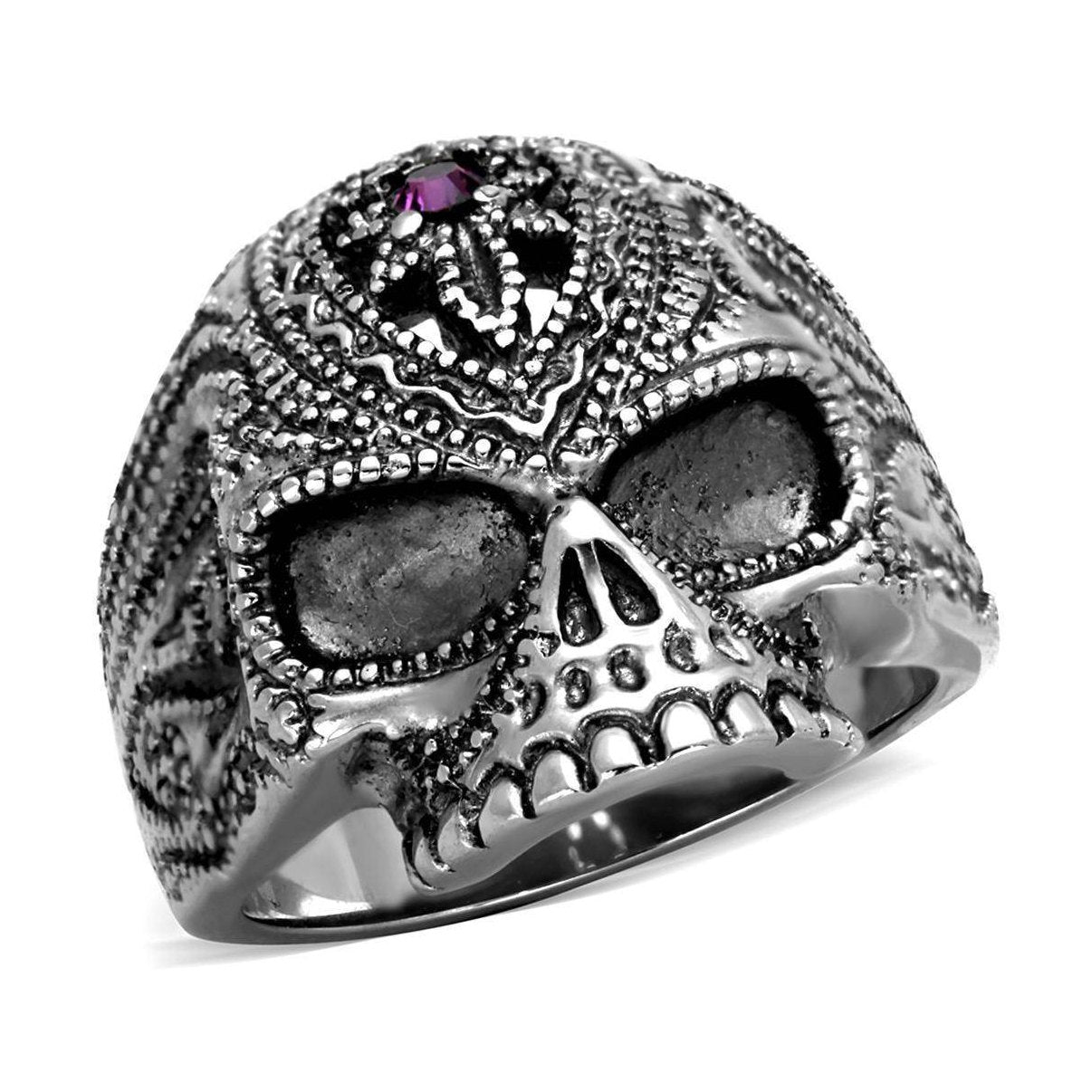 VacationGrabs stainless steel skull jewelry men's ring featuring a detailed skull design and purple gemstone
