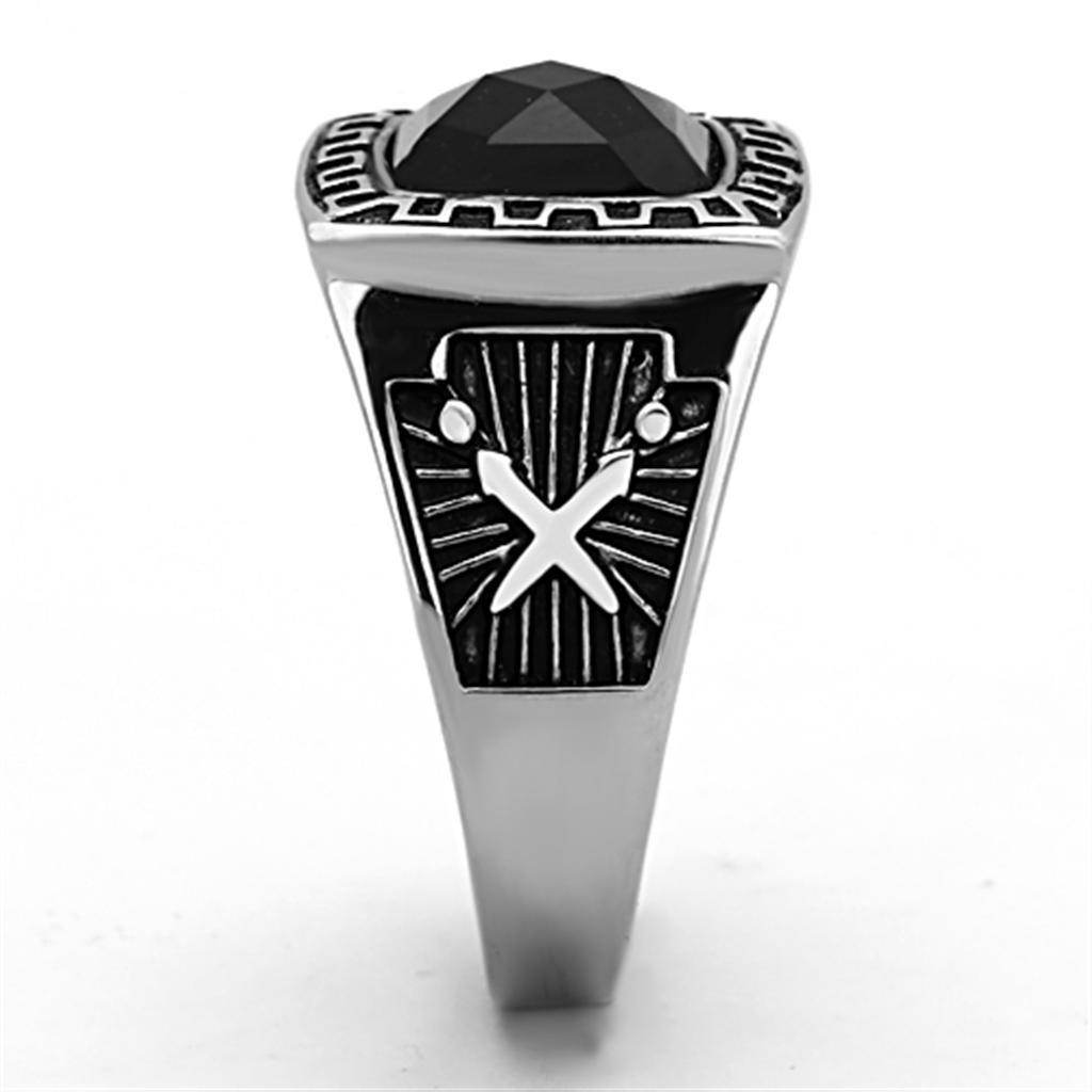 VacationGrabs stainless steel square ring featuring a black stone and intricate design