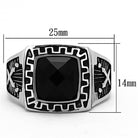 Men's stainless steel square ring with a black stone and intricate design details