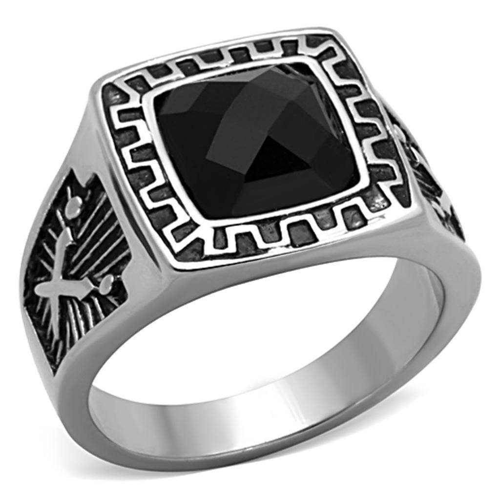 Stainless steel square ring featuring a black gemstone and intricate detailing for men's jewelry