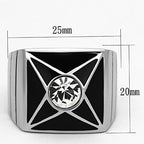Stylish men's star design crystal rings in silver with a black enamel finish and central crystal