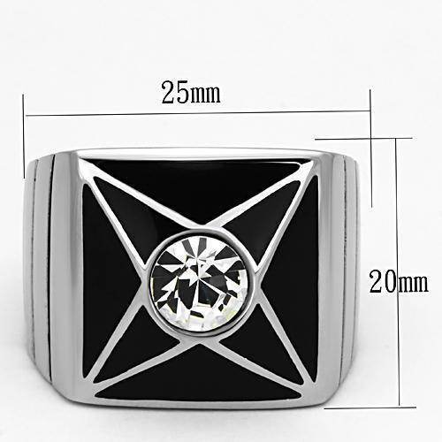 Stylish men's star design crystal rings in silver with a black enamel finish and central crystal