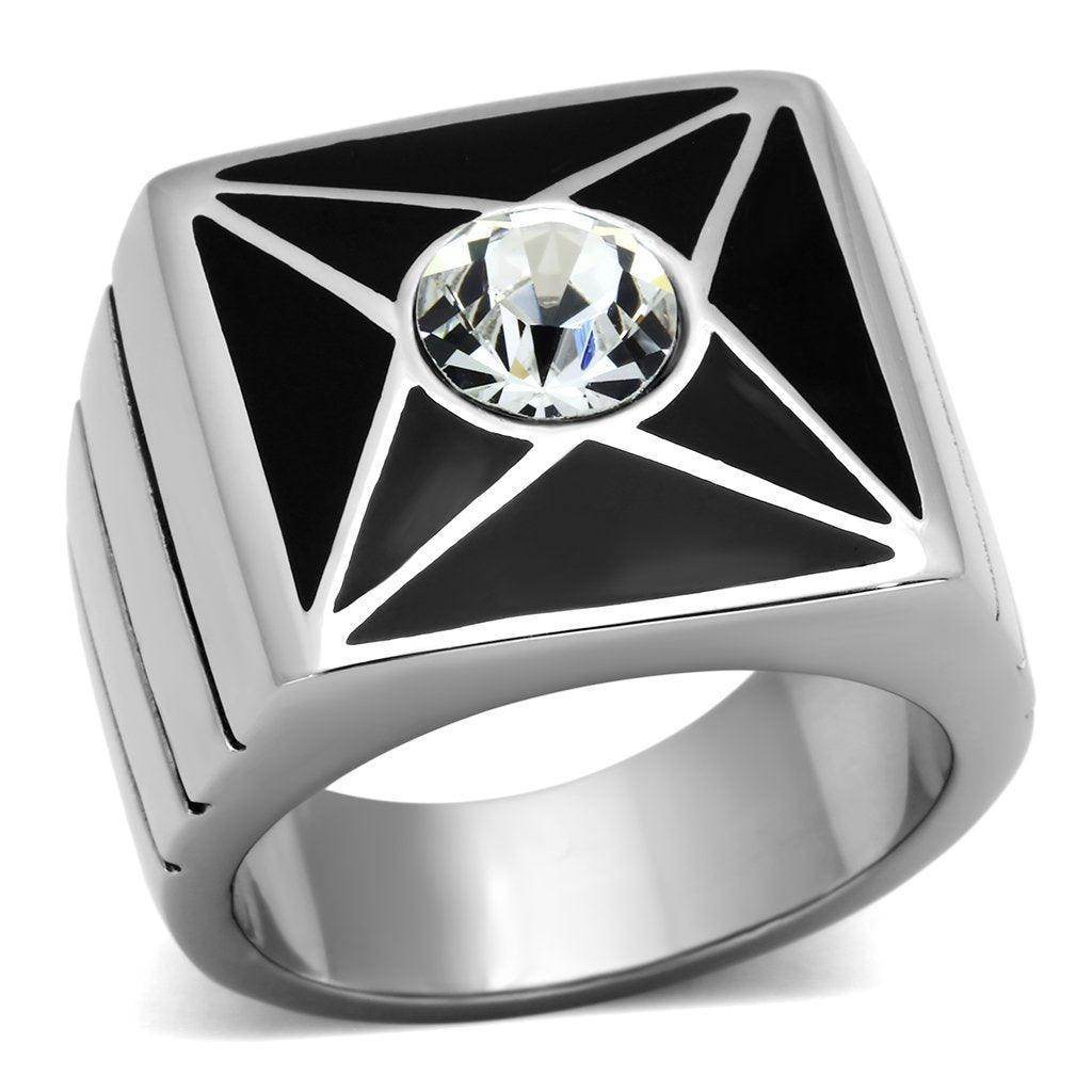 Men's star design crystal rings featuring a central crystal on a sleek black and silver band