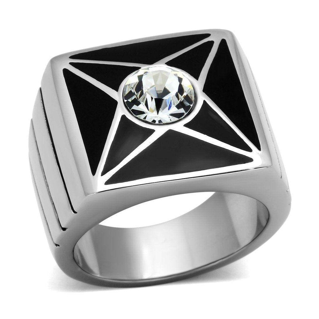 Men's star design crystal rings featuring a central crystal on a sleek black and silver band