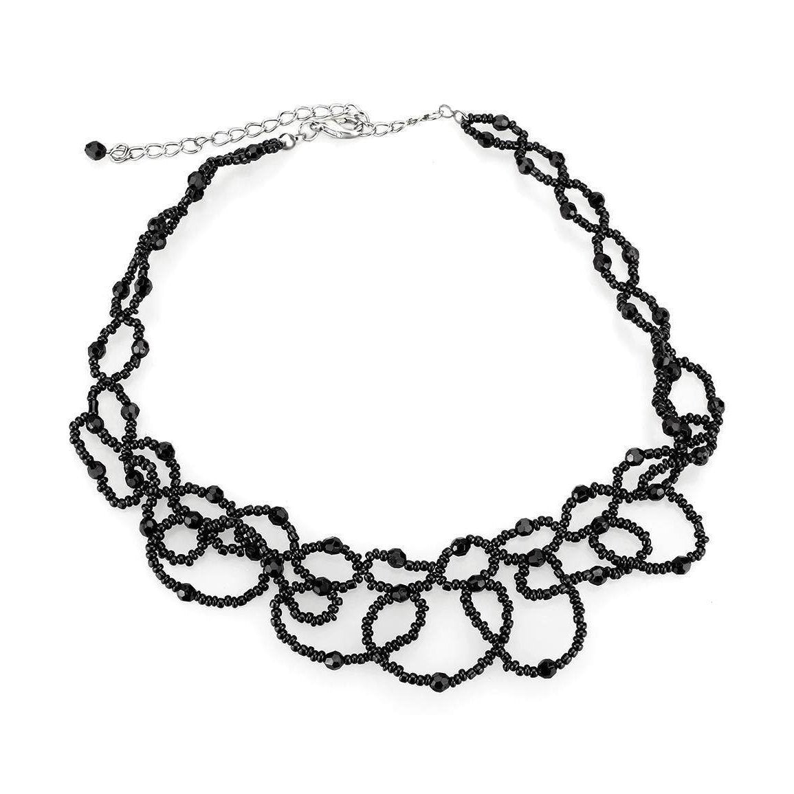 Elegant black beaded statement necklace rhodium brass with intricate loop design for a chic look