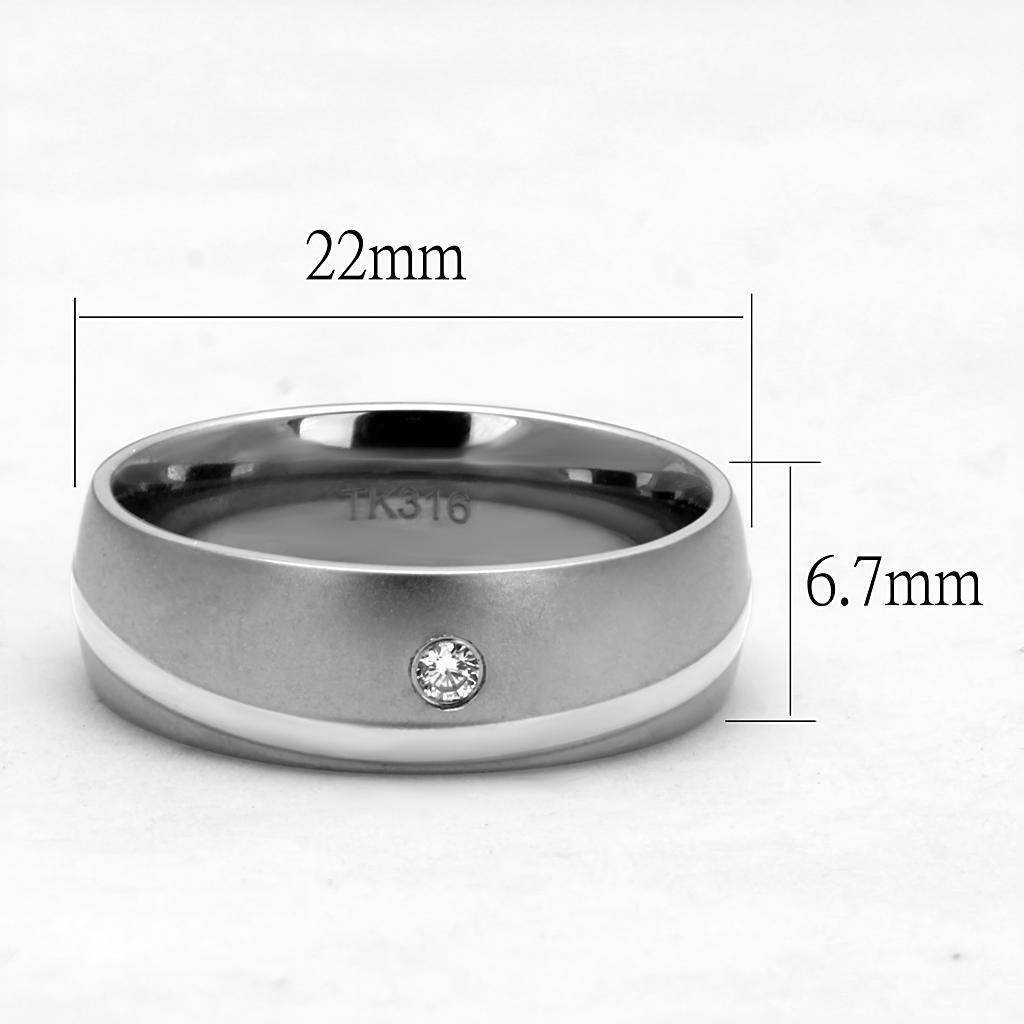 Stylish men's steel ring with zirconia stone featuring a sleek design and precise measurements