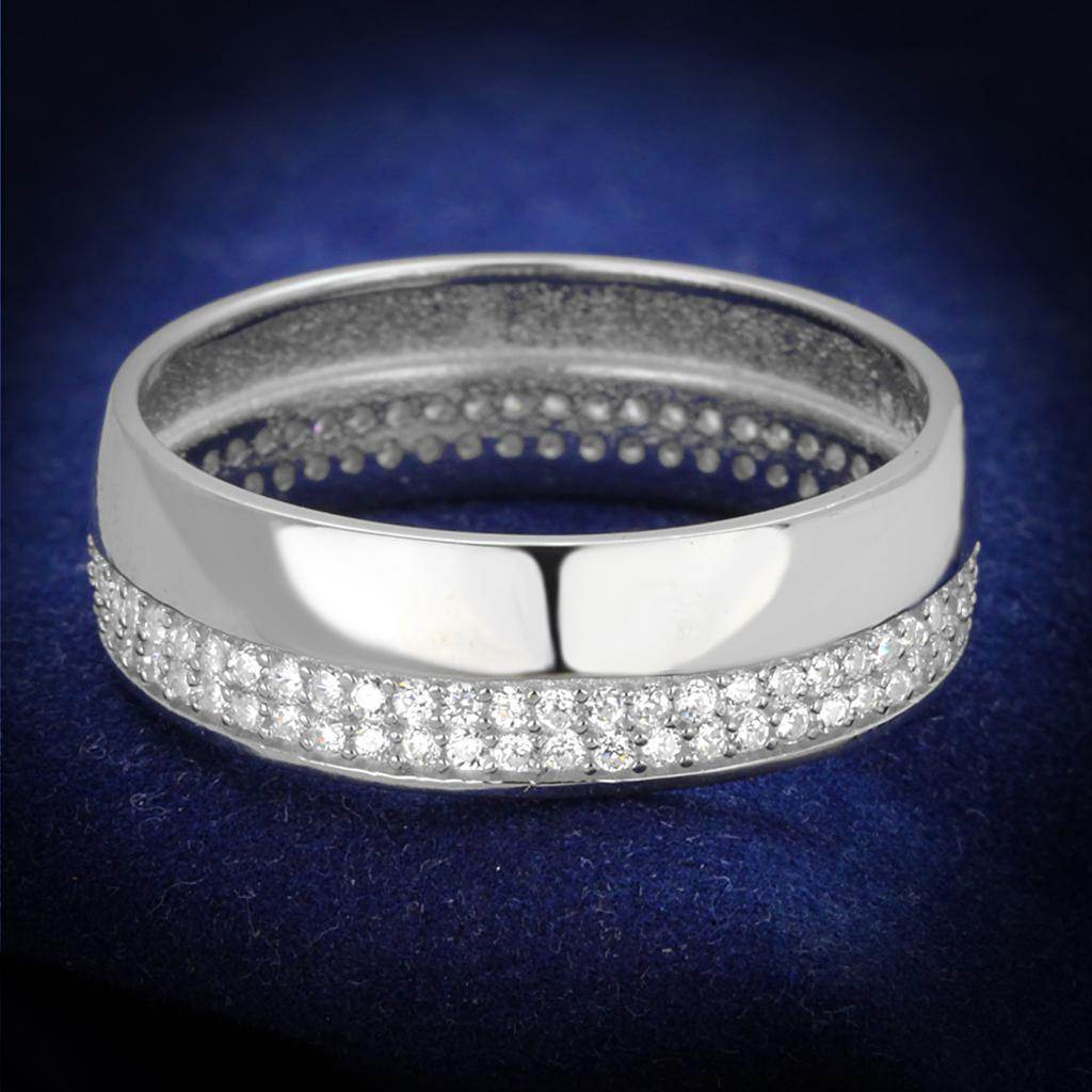 Shiny sterling silver eternity band for women with a row of sparkling stones