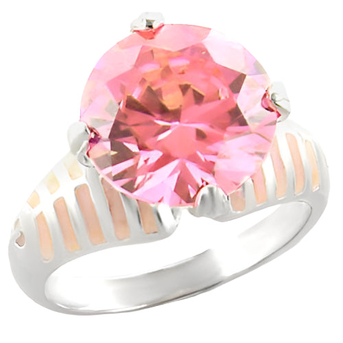 Sterling silver pink gemstone ring featuring a large round pink stone and intricate band design