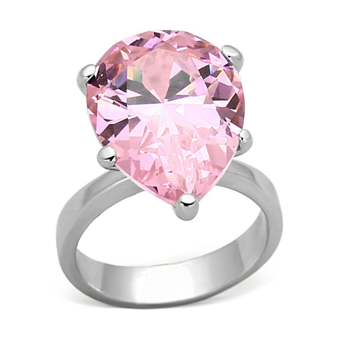 Sterling silver teardrop ring for women featuring a large pink gemstone in a polished setting