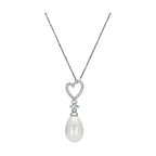 Sterling silver vacation jewelry heart pendant necklace with a pearl drop and sparkling accents
