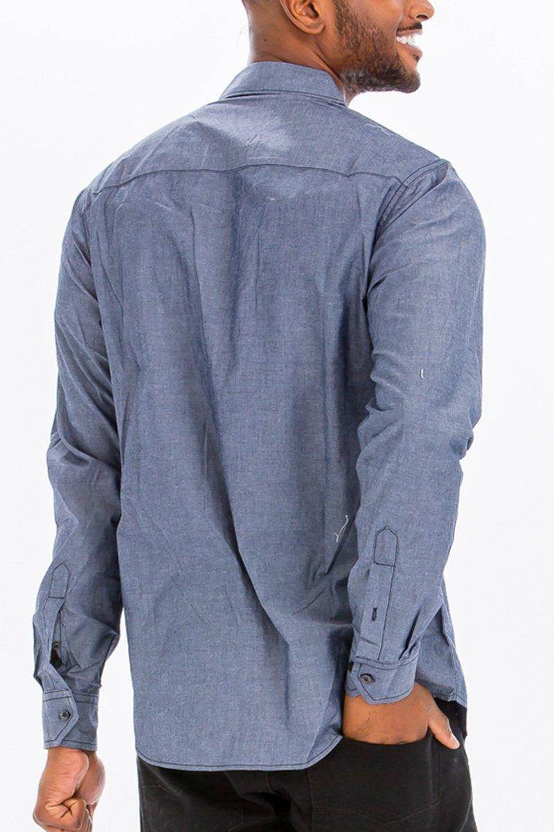 Men's stitched trim casual shirt for men in blue with button-up sleeves and relaxed fit