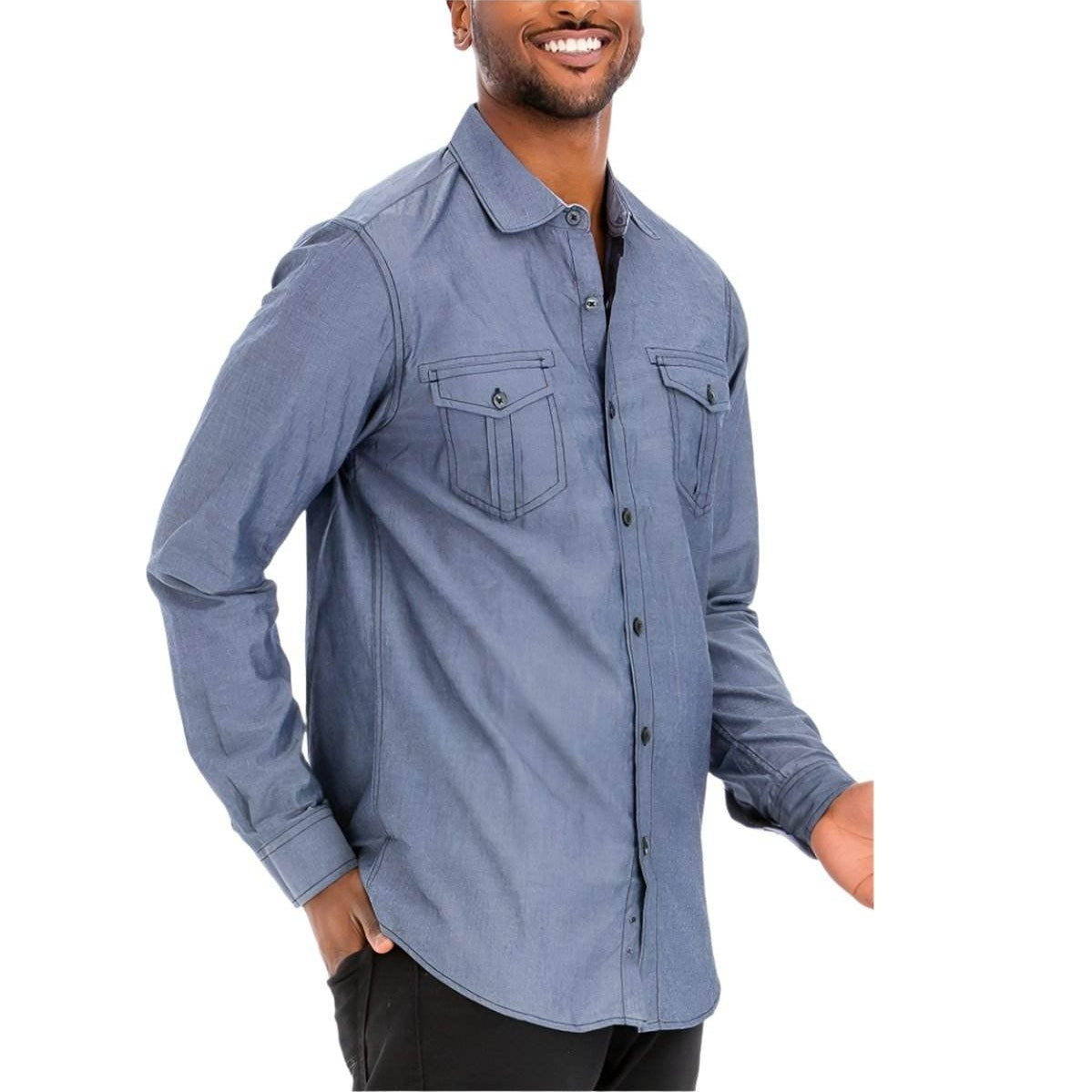 Men's Stitched Trim Casual Shirt for Men in Dark Blue with Button Front and Chest Pockets