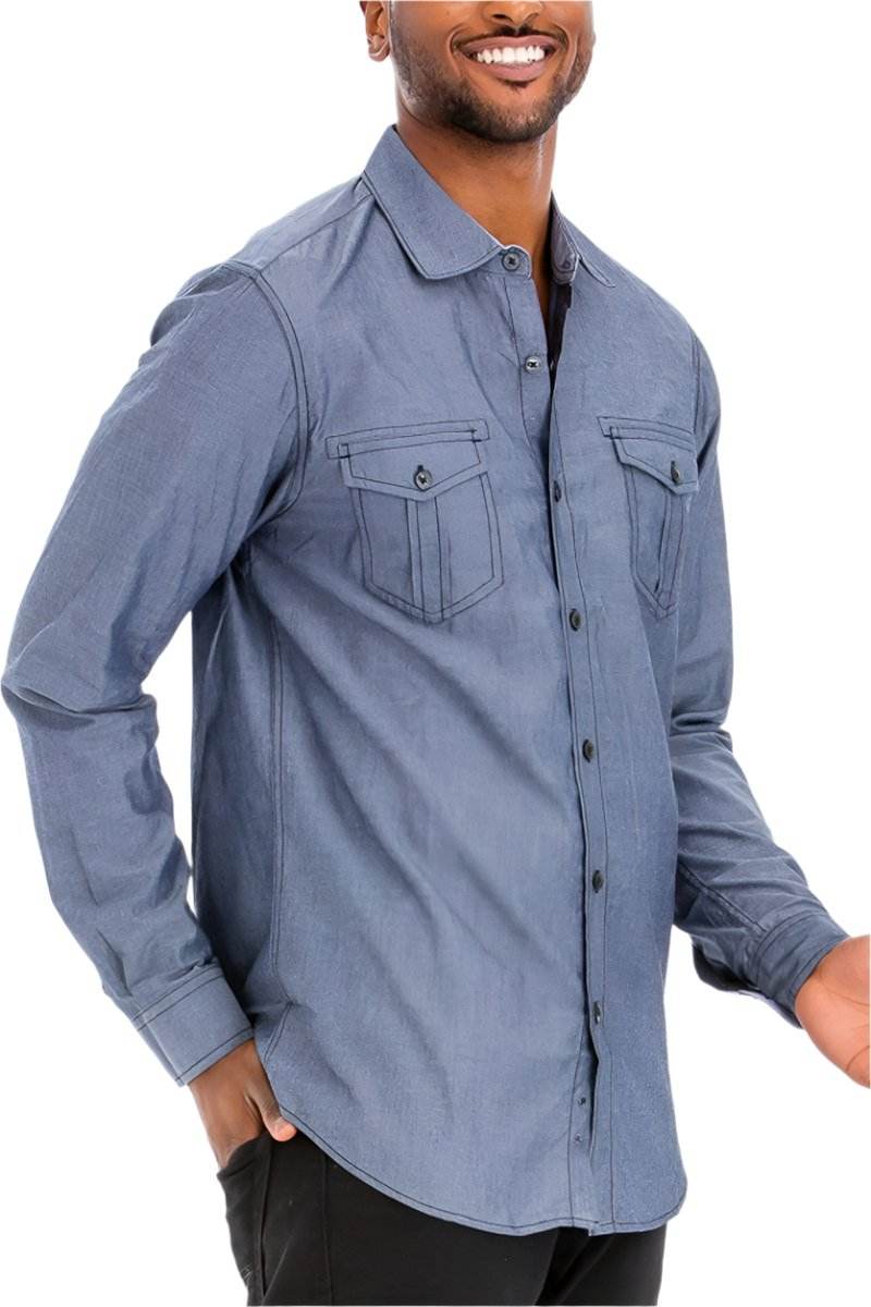 Men's Stitched Trim Casual Shirt for Men in Dark Blue with Button Front and Chest Pockets