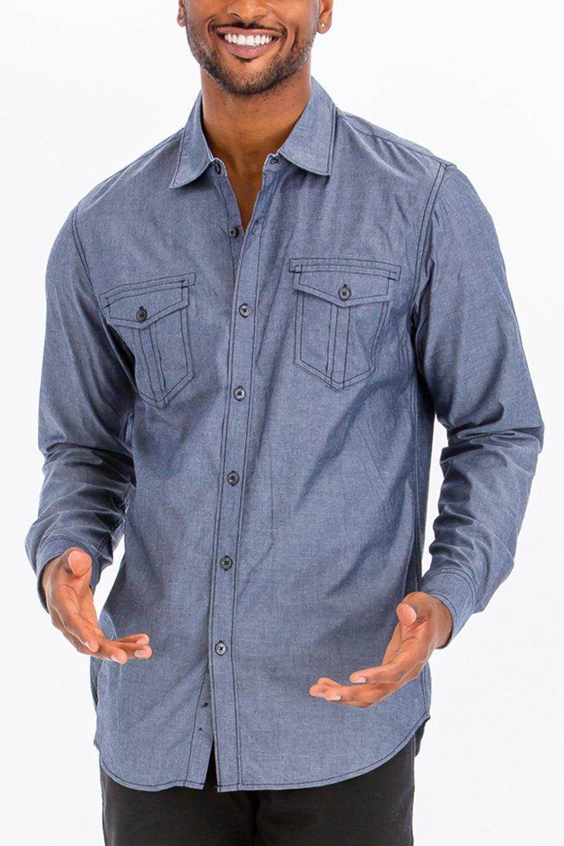 Casual button-up shirt for men featuring stitched trim and chest pockets from VacationGrabs