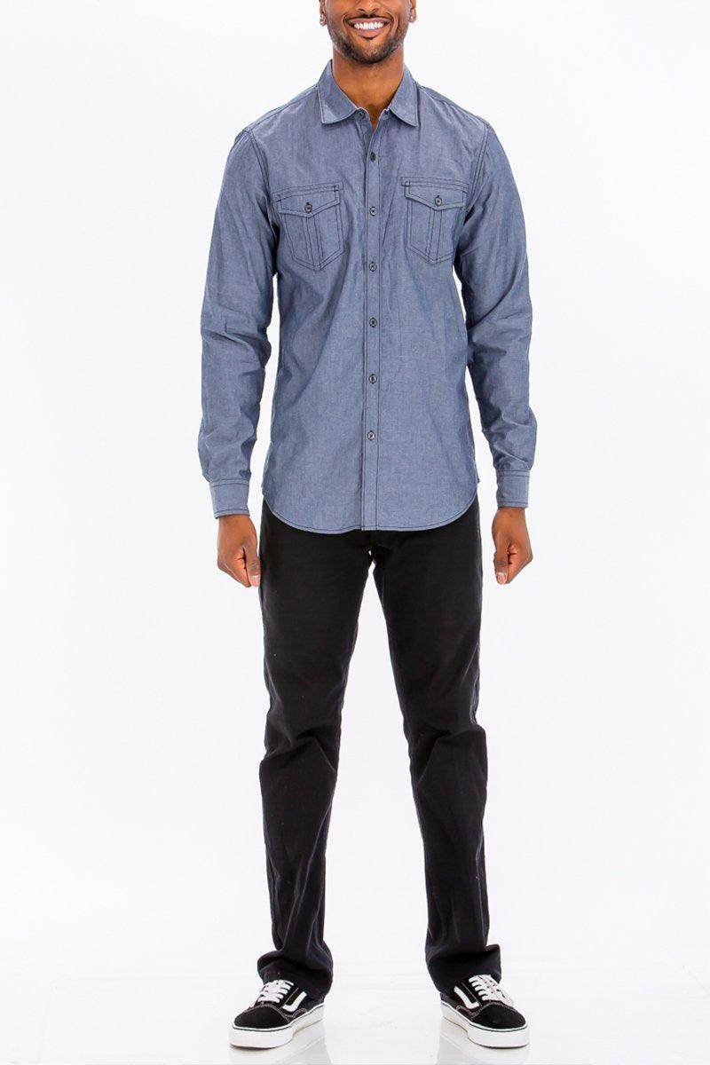 VacationGrabs stitched trim casual shirt for men in blue with long sleeves and buttoned pockets