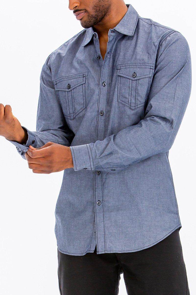 VacationGrabs stitched trim casual shirt for men in blue with two chest pockets and button-up design