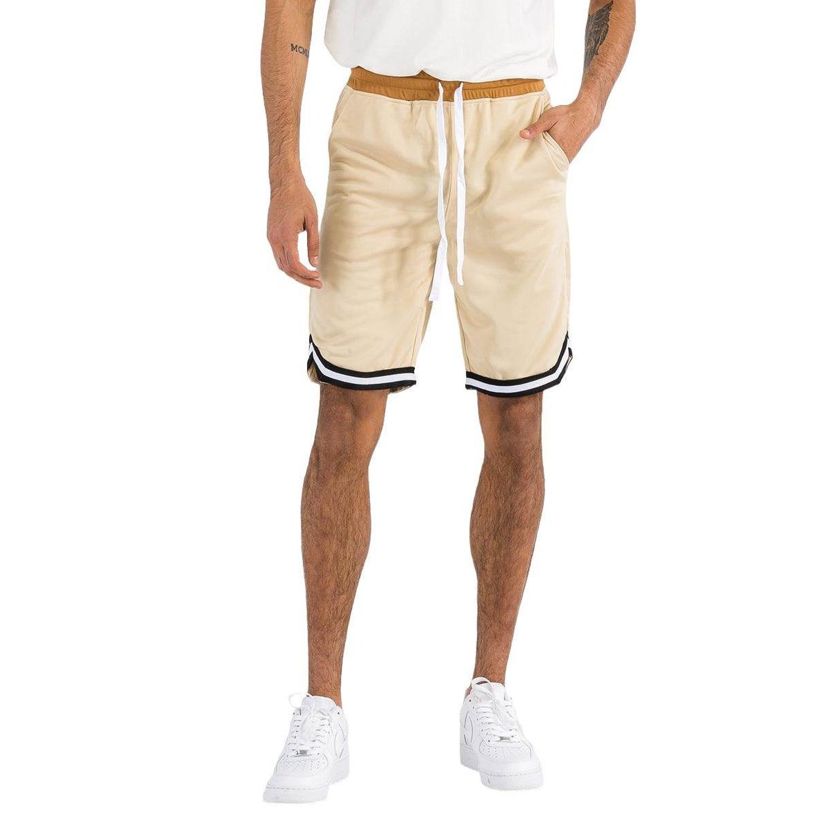 Men's striped active Jordan shorts in beige with black accents and comfortable fit for casual wear