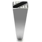 Striped crystal ring for men with a sleek design featuring black and clear crystals