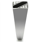 Striped crystal ring for men with a sleek design featuring black and clear crystals