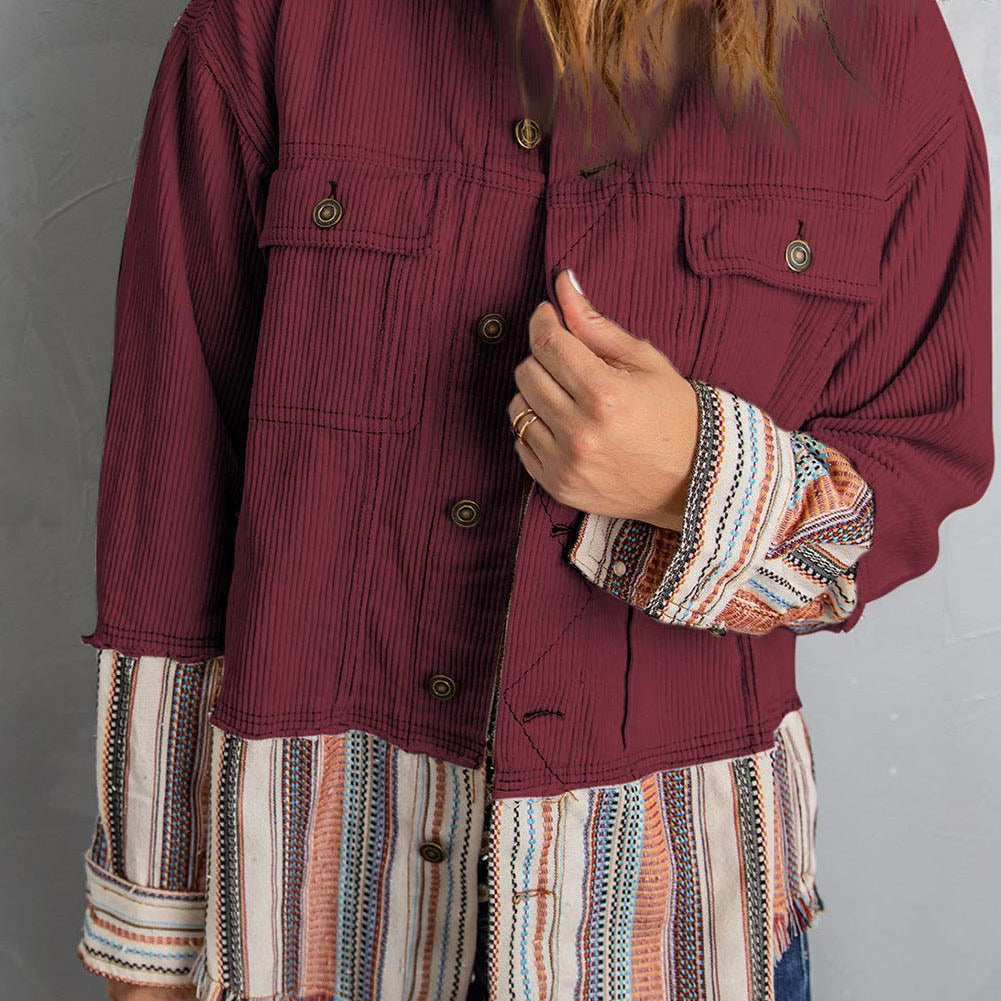 Women's Coats & Jackets Striped Frayed Hem Corduroy Jacket