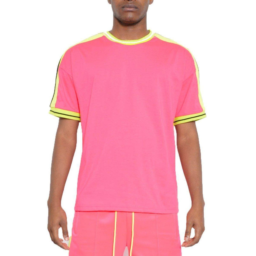 VacationGrabs striped short sleeve shirt in vibrant pink with contrasting yellow details for casual wear