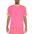 VacationGrabs striped short sleeve shirt in vibrant pink with contrasting yellow details for casual wear