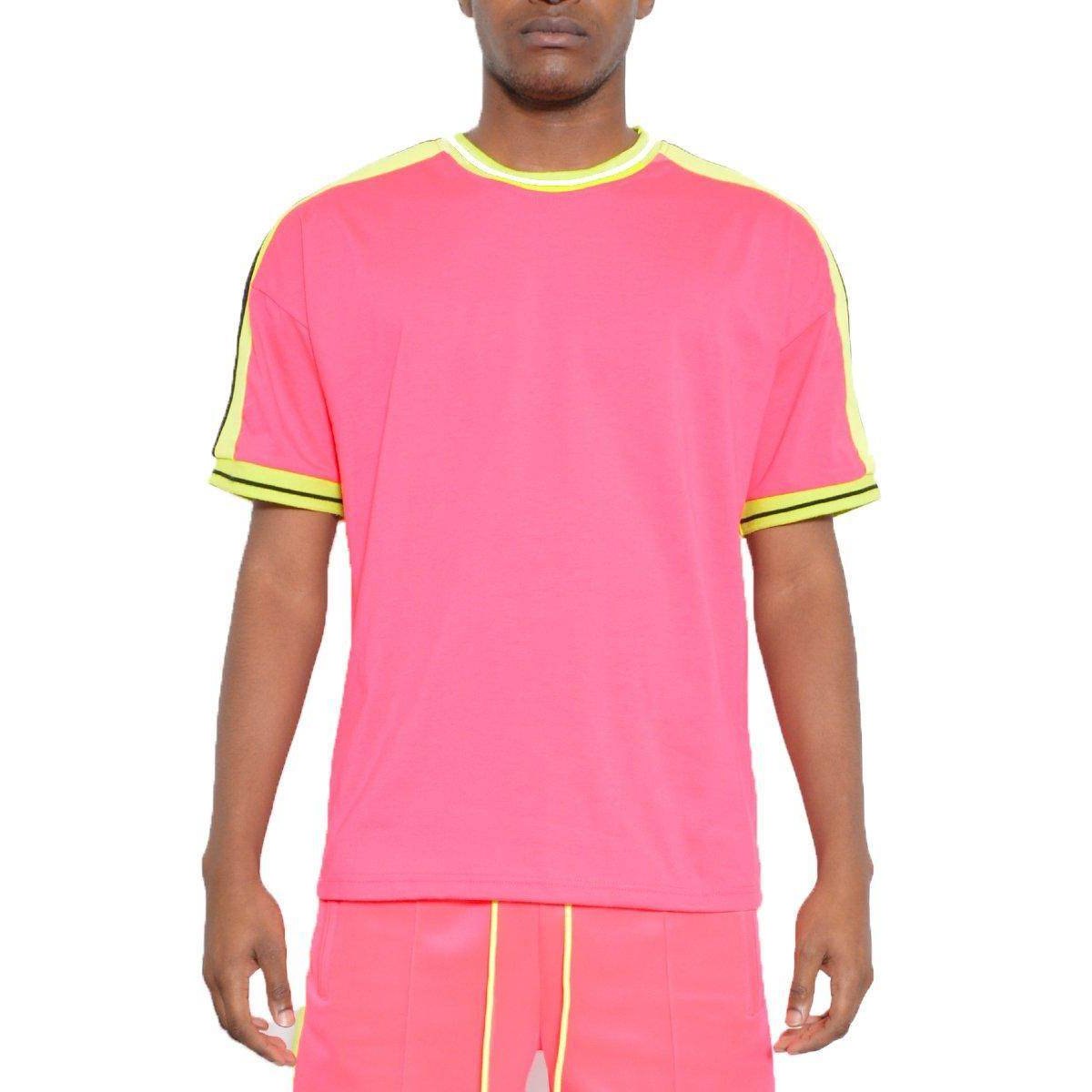 VacationGrabs striped short sleeve shirt in vibrant pink with contrasting yellow details for casual wear