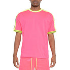 VacationGrabs striped short sleeve shirt in vibrant pink with contrasting yellow details for casual wear