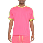 VacationGrabs striped short sleeve shirt in vibrant pink with contrasting yellow details for casual wear