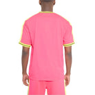 Men's Striped Short Sleeve Shirt in Bright Pink with Yellow Accents from VacationGrabs